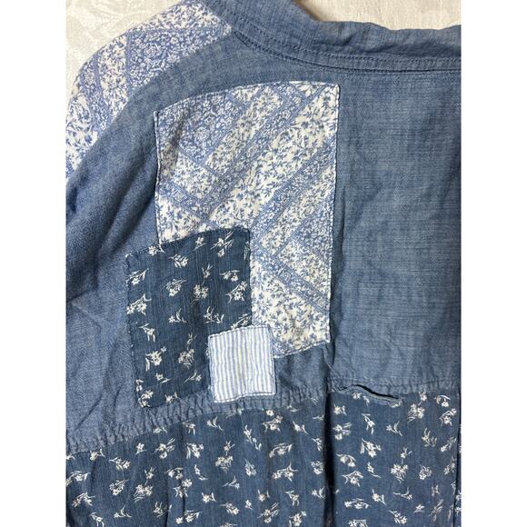 American Eagle Button Up Large Denim Look Floral Patchwork Cotton Linen - Picture 8 of 10